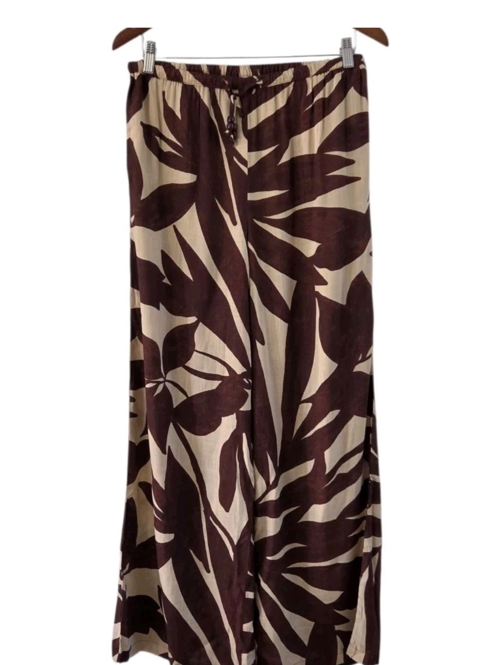 True Destinations Rayon Brown Cream Pull On Pallazzo Pants Wide Leg Size S